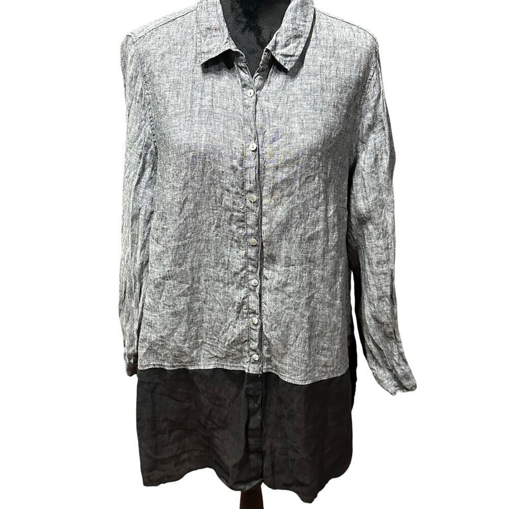 Tahari Plus Size Top Button Up Linen Black Gray 1X Flowy Lightweight